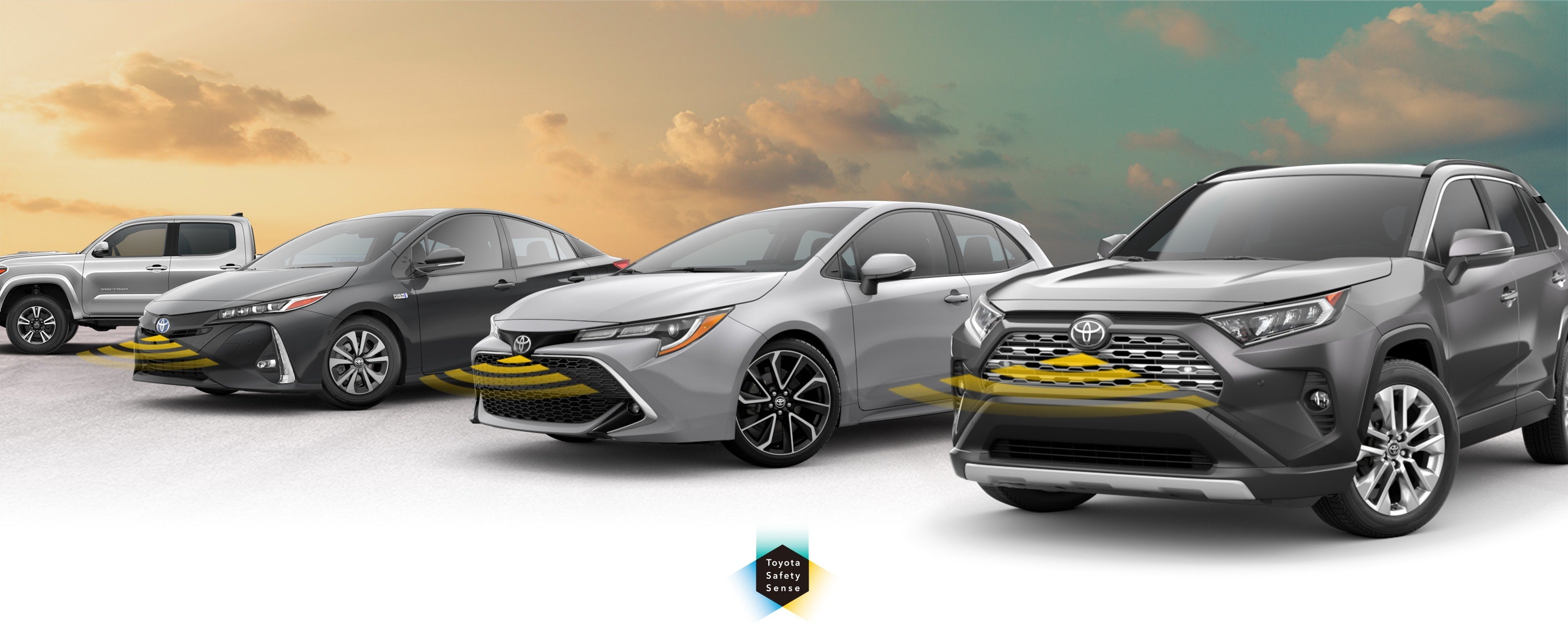 Toyota Safety Sense: Designed for Safety. Options shown on Toyota models including RAV4, Tacoma, and Camry, available now at Peruzzi Toyota in Hatfield PA.